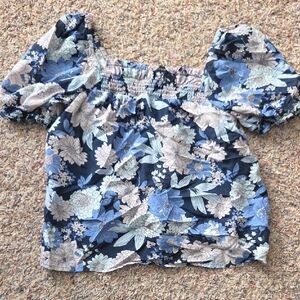 J.Crew Navy and Light Blue Floral Smocked Blouse
